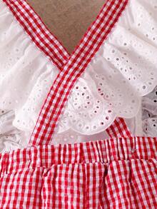 Conjunto de 2 piezas para niña bebé: mono con bordado de fresa, estampado a cuadros, encaje calado, mangas volantes, espalda descubierta y bajo con volantes, con diadema de lazo extragrande, estilo enérgico, lindo, fresco y pastoral - Rojo - Ver 6
