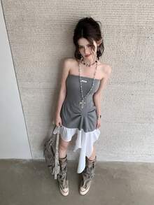 Mini Dress, Gal Style, Summer, Strapless, Asymmetrical, Two-Tone, Date, Women - Grey - View 7