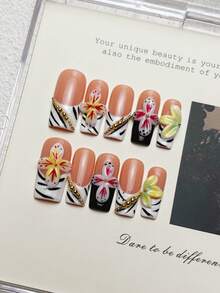 10pcs Handmade Nails Square Nail Tips Acrylic Press On Nails Medium, Western Nails Pink Nails, White Zebra Pattern French Tip Nails, Handpainted Gradient Floral 3D Carved Embossed Flower, Pearl Inlaid European & American Style Luxury Fall Press On Nails, Y2K Baddie Goth Junk Aesthetic, Versatile Nails DIY False Nail Art Party Daily & Dating Use Beach Tropical Getaway Suitable Reusable, For Women & Girls As Gift Nail Supplies - Multicolor - View 10