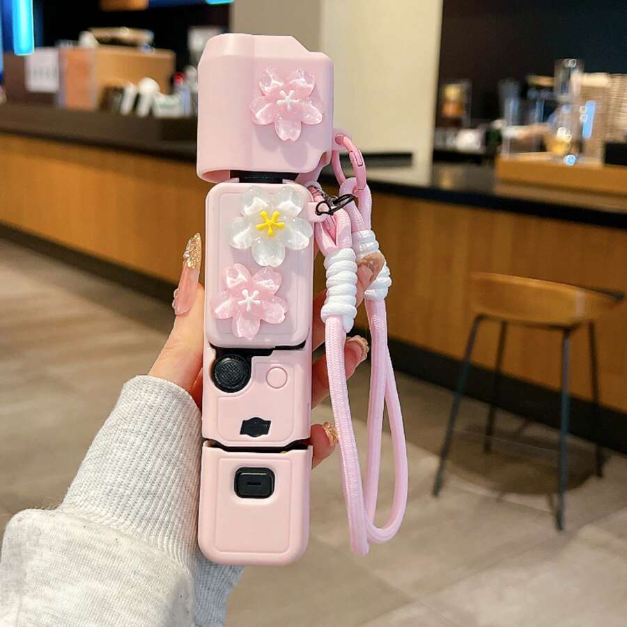 Summer Fresh Pink & Blue Floral Pattern Protective Case For Pocket 3, TPU Soft Shell With Lanyard, Anti-Drop - View 1