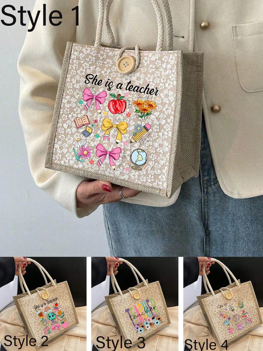 Best Teacher' Letter Print Tote Bag - Suitable As Gift For Mother's Day, Thanksgiving, Women's Day And Goddess Festival. Suitable For Daily Use. - Multicolor - View 1