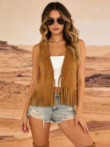Chaleco elegante sin mangas con borlas y tachuelas para mujer, estilo vaquero, con frente abierto, ideal para vacaciones de verano informales. - Caqui - Ver 5