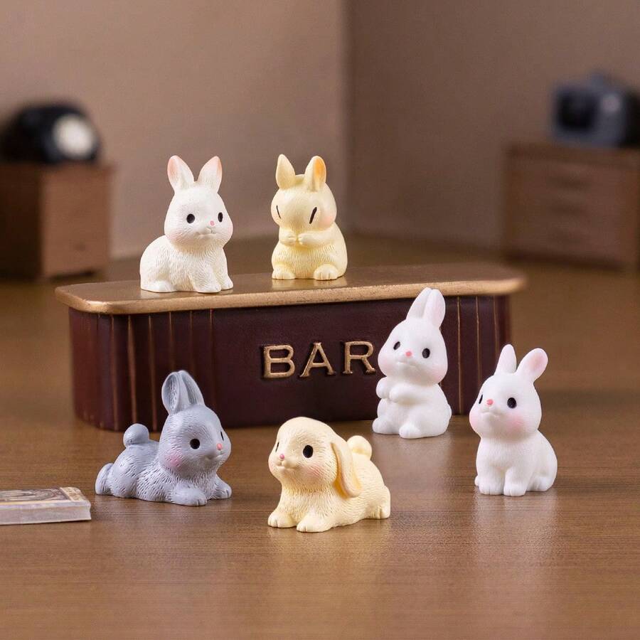 6pcs Mini Cute Rabbit Figurines, Creative Office/Home Decor Accessories, Bedroom Desktop Ornaments - 6-piece Bunny Set - View 1