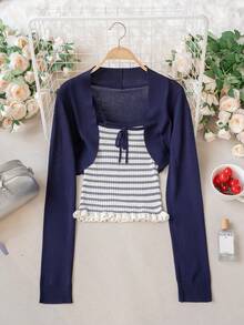 Contrast Stripe Camisole With Bow Accent & Shrug Cardigan 2 Pieces Set, Spring/Summer - Navy Blue - View 9