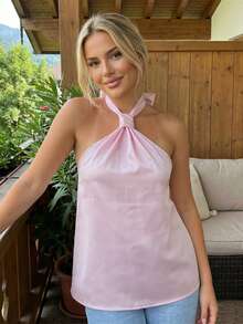 Womens Flowy Halter Tops Summer Fashionable Dot Print/Solid Color Backless Going Out Vest - Pink - View 3