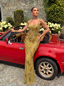 UNITHORSE [Random Cut] Halter Waist Cinching Sequin Evening Dress - Mustard Yellow - View 3