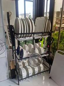 Bộ giá đựng bát đĩa 3 tầng bằng thép carbon cao cấp kèm khay hứng nước - Giá đựng đồ nhà bếp dung tích lớn dùng để đựng bát, đĩa, dao kéo, thớt, màu đen kim loại phối trắng. - Nhiều màu - Xem 6