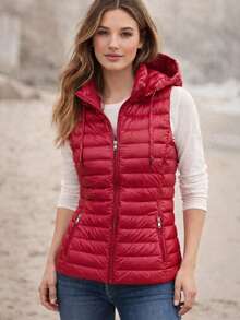 Quilted hooded vest, Vest with a detachable hood, Fitted cut, Zipper closure, 2 pockets, Lightly padded with synthetic down, Hip-length, casual, Spring/Autumn - 紅色 - 查看 1