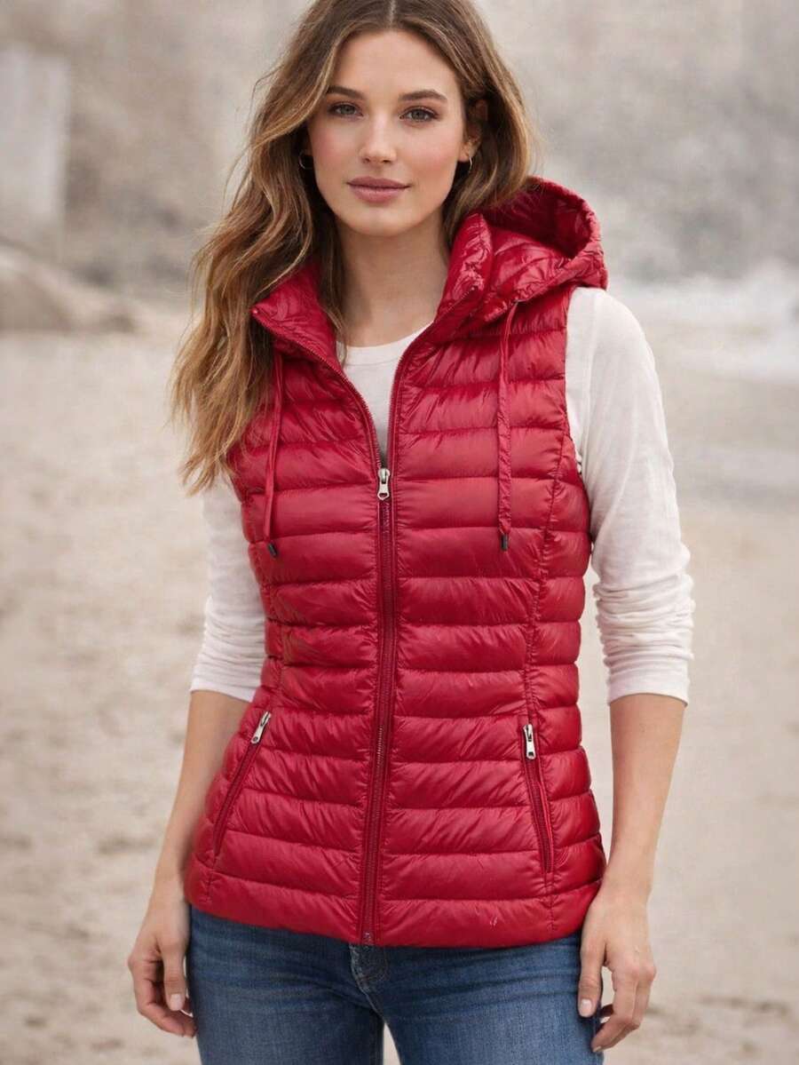 Quilted hooded vest, Vest with a detachable hood, Fitted cut, Zipper closure, 2 pockets, Lightly padded with synthetic down, Hip-length, casual, Spring/Autumn - 紅色 - 查看 1
