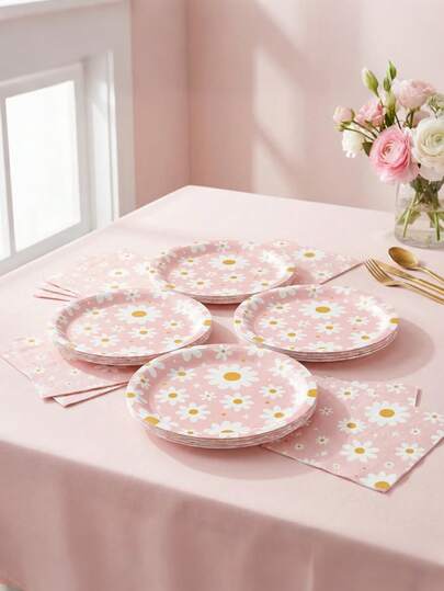 Pink Daisy Disposable Paper Plates And Cups Set, 9oz Cups & 9 Inch Plates, Daisy Theme Party Supplies For Birthday, Baby Shower, Bridal Shower, Spring Garden Tea Party Decorations