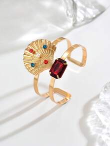 1 Pc Boho Summer Beach Golden Seashell & Red Blue Rrhinestone Open Cuff Woman's Bracelet With Faux Pearl ,Vintage Holday Jewelry Wearing Gifts For Daily Dating Party - Blue and Red - View 4