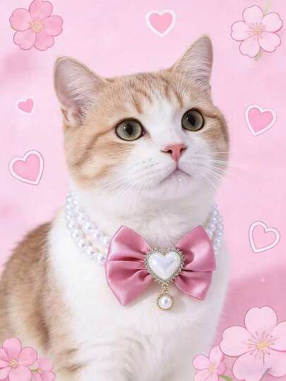 Cute Pearl Bow Tie Pet Collar, Heart-Shaped Faux Pearl Princess Style Accessory, Suitable For Valentine's Day, Pet Birthday, Pet Party Gifts, Traveling With Pets, Makes Pets More Beautiful, Suitable For Female Pets, Fits Small To Medium Dogs And Cats