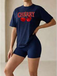 Cherry print ribbed women's sports suit top+shorts stretch breathable fitness/yoga/running scene suitable for young/mature women - Azul marino - Ver 1