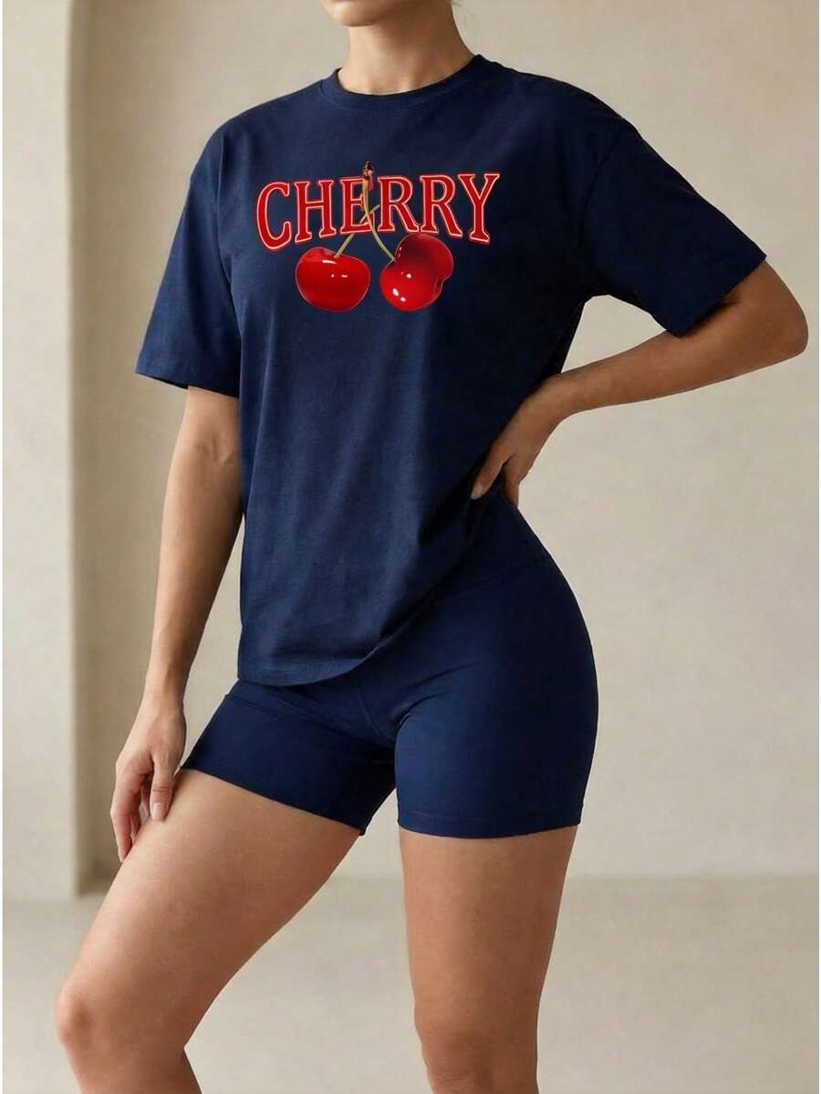 Cherry print ribbed women's sports suit top+shorts stretch breathable fitness/yoga/running scene suitable for young/mature women - Azul marino - Ver 1
