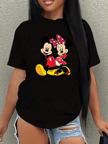 Women's Casual Disney Mickey & Minnie Mouse Print Black Cotton T-Shirt, Men's Sizes Suitable For The Whole Family - màu đen - Xem 1
