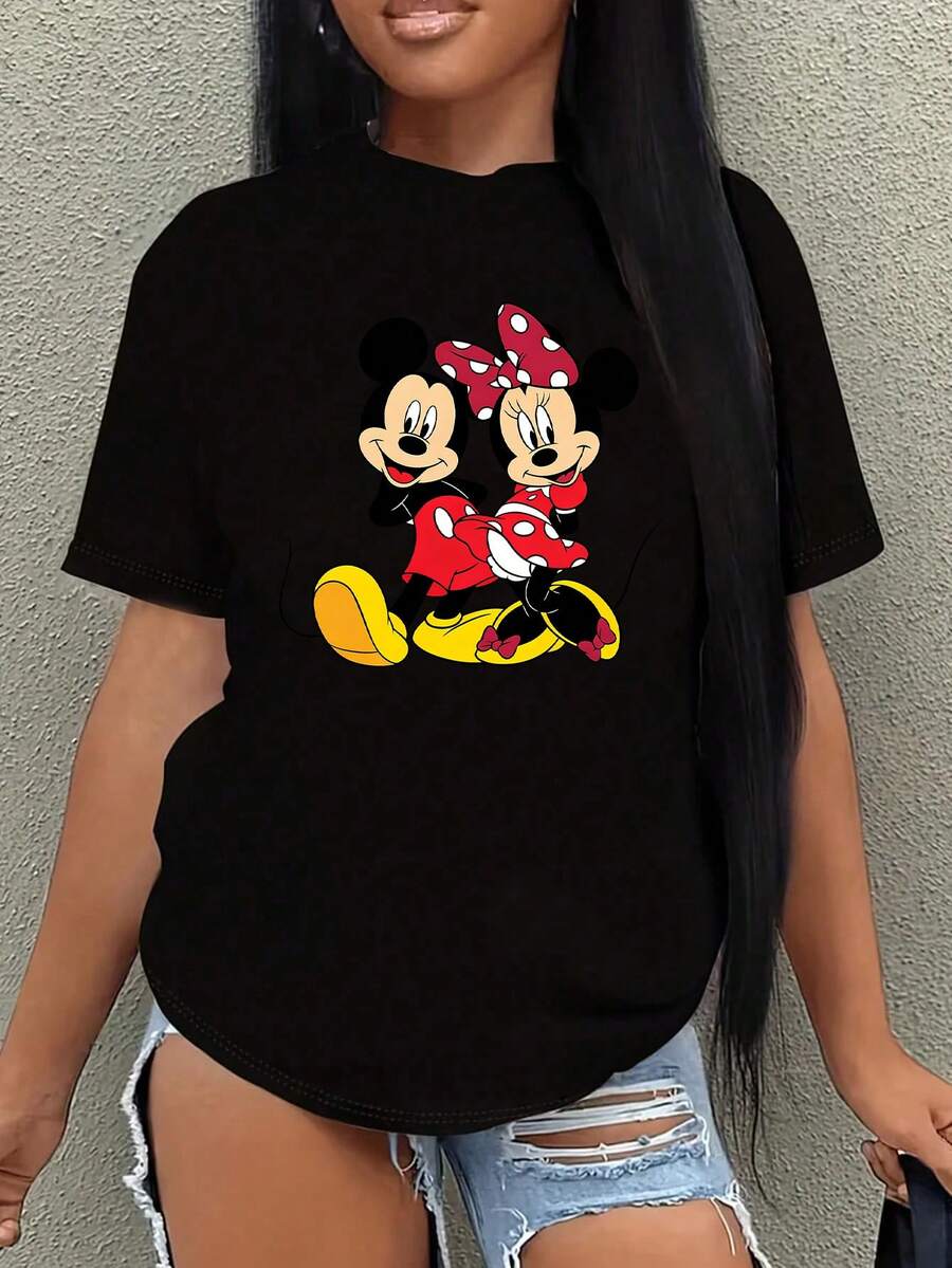 Women's Casual Disney Mickey & Minnie Mouse Print Black Cotton T-Shirt, Men's Sizes Suitable For The Whole Family - màu đen - Xem 1