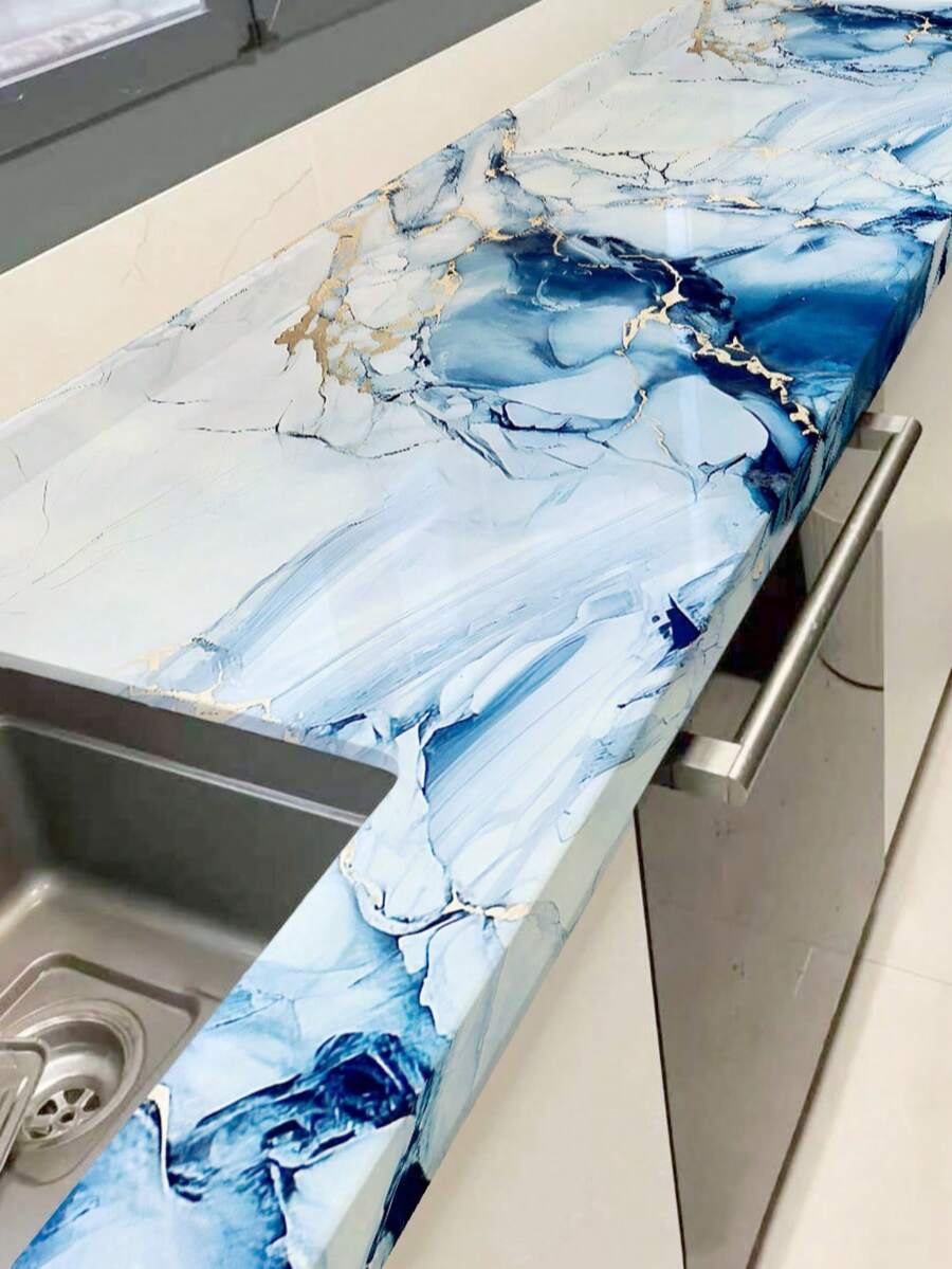1pc Deep Blue Gold Marble Patterned Wallpaper, Glossy Marble Texture Sticker, Waterproof Oil-Proof PVC Kitchen Sticker, Self-Adhesive Vinyl Contact Paper, Easy To Apply And Remove, Suitable For Home Decor, Kitchen, Cabinets, Tabletops, Tiles, Christmas Gift Wallpaper Roll - Blue Enchantress - View 1