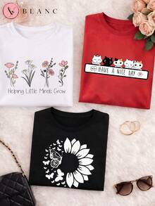 Set Of 3 Blouses With Kitten, Flower, Heart, And Animal Print -  - 100% Cotton - Plus Size. - F/BLACK/WHITE/MARSALA - View 2