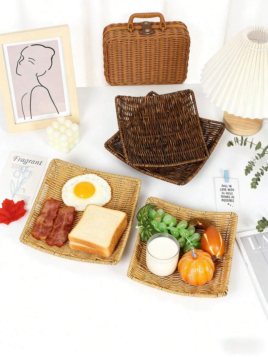 Woven Rattan Style Storage Basket, Square Handmade Wicker Tray, Outdoor Picnic Snack Bread Fruit Storage Basket