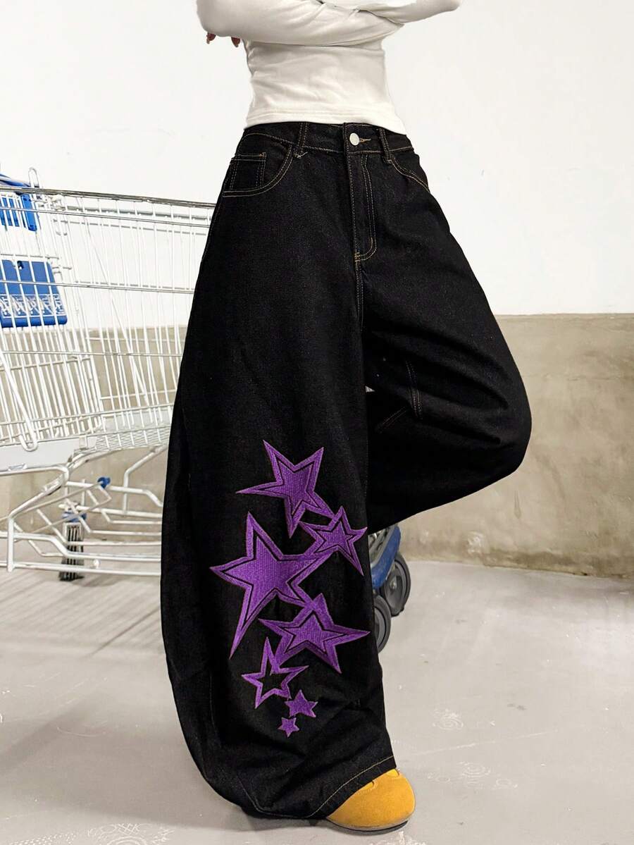 1件日系街頭風女款刺繡彎腿寬鬆闊腿牛仔長褲 時尚四季皆宜休閒長褲 - 紫色 - 查看 1