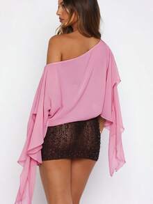 Women Chiffon Poncho Tops Fashion Solid Color Off One Shoulder Loose Fit Summer Cover Up Shawl Blouse - 粉色 - 查看 2