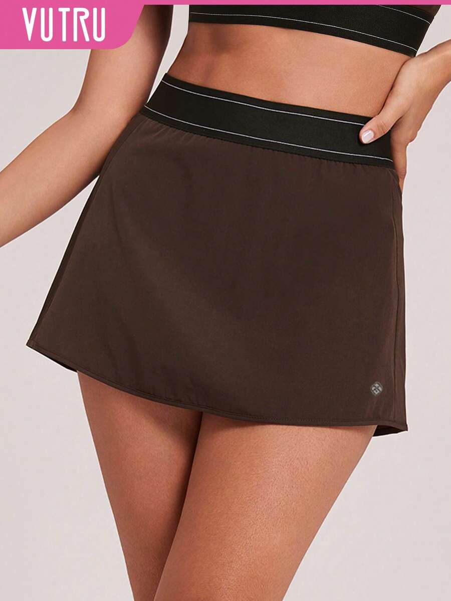 VUTRU Falda deportiva de cintura alta 2 en 1 con bolsillos y cintura elástica, para tenis - Café integral - Ver 1