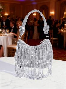 New Rhinestone Decor Tassel Handbag, Elegant Clutch Purse For Evening Dress, Party And Gathering, Fashion Women Bag,Fringe Bag - Silver - View 3