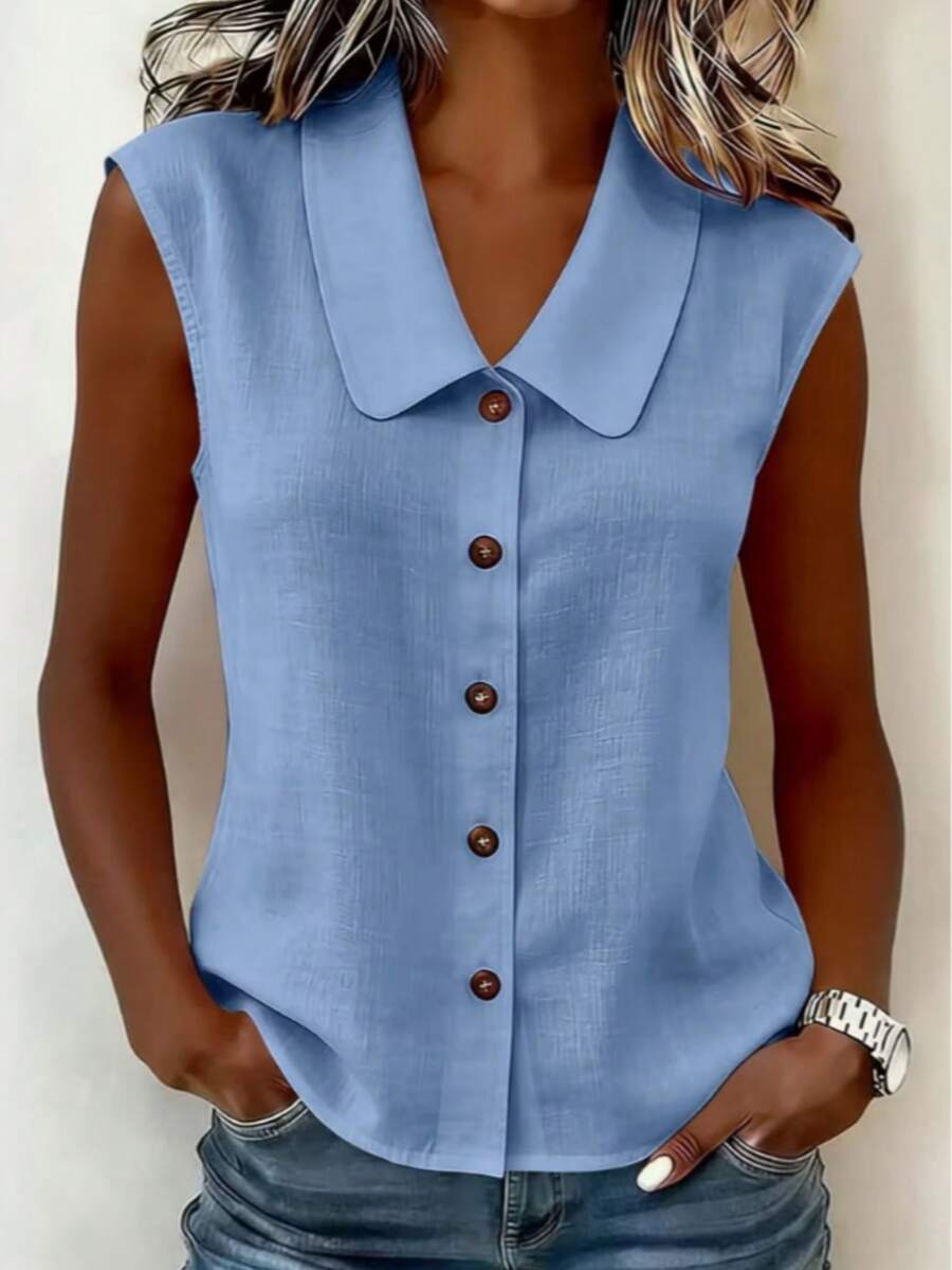 Áo sơ mi nữ không tay cài cúc, chất liệu giả vải lanh, áo tank top cổ chữ V trơn, kiểu dáng thường ngày, thích hợp cho công sở. - Màu xanh lam - Xem 1