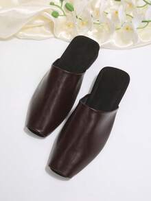 棕色平底拖鞋，方头设计，百搭休闲女鞋 - 棕色 - 查看 2