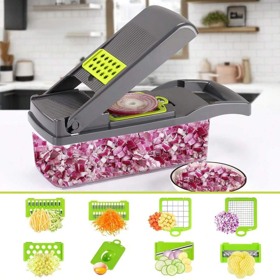 Bộ dụng cụ thái và băm rau củ 16 trong 1 - Dụng cụ nhà bếp đa năng có hộp đựng, thích hợp để thái hành tây, cà rốt, tỏi - Bao gồm rổ lọc.
