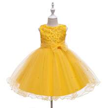 Chica Joven Vestido de fiesta con cuenta de perla con lazo delantero bajo con malla - Amarillo - Ver 5