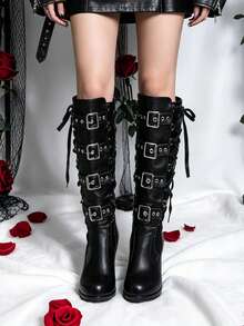 Goth Womens Knee High Boots Y2K Black Lace Up Chunky Heel Cosplay Boots For Women Punk Metallic Buckle Colorblock Knee High Boots - 黑色 - 查看 10