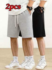 2 Stücke Herren Casual Shorts mit Kordelzug Taille, locker sitzend mit Taschen für praktische Aufbewahrung, aus atmungsaktivem Strickstoff gefertigt, geeignet für Sommer Alltagstragen, Outdoor-Aktivitäten, Fitness und als Valentinstag Geschenk - Verschiedenfarbig - Übersicht 7