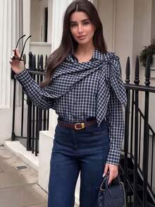 Women's Elegant Plaid Triangular Scarf, Casual Shirt Retro Single-Breasted Long Sleeve Women's Casual Shirt For Street Wear Spring - Blue - View 1