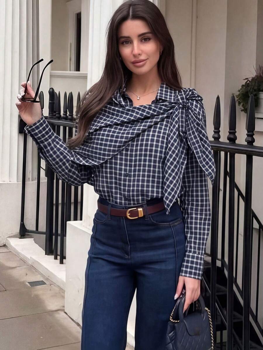 Women's Elegant Plaid Triangular Scarf, Casual Shirt Retro Single-Breasted Long Sleeve Women's Casual Shirt For Street Wear Spring - Blue - View 1