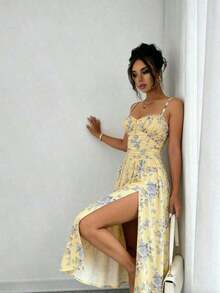 Floral Print Bohemian High Slit Zipper Front Dress, Suitable For Weddings, Spring/Summer Vacation Elegant - 淡黃色 - 查看 3