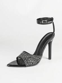 Jin Bei Qi Women's Pointed Toe High Heel Shoes, Glossy Patent Leather, Rhinestone Decor, Net Mesh Strap Ankle Wrap Buckle Closure, Open Toe, Outdoor Party Stilettos, Fashionable, Elegant, Glamorous, Romantic, Shiny, Black High Heels - Black - View 8