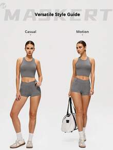 MASKERT Women's Fitted Criss-Cross Camisole And Shorts Set, High Stretch Yoga Fitness 2 Pieces Outfit, Sportswear - Flint Stone - View 2