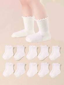 5 Pairs Kids' Solid Color Ruffle Trim Mid-Calf Socks, Comfortable Breathable Simple Versatile Socks, Suitable For Daily Casual & Home Wear - White - View 1
