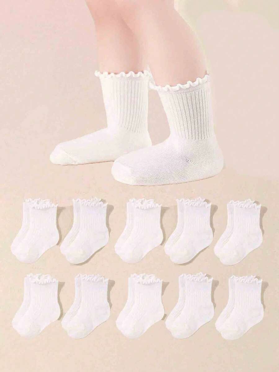 5 Pairs Kids' Solid Color Ruffle Trim Mid-Calf Socks, Comfortable Breathable Simple Versatile Socks, Suitable For Daily Casual & Home Wear - White - View 1