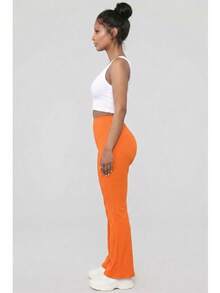 Women's Solid Color Rib Knit High Waisted Flare Pants For All Season Casual Basic Pants - 橘色 - 查看 2