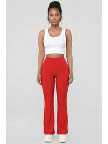 Women's Solid Color Rib Knit High Waisted Flare Pants For All Season Casual Basic Pants - Red - View 1