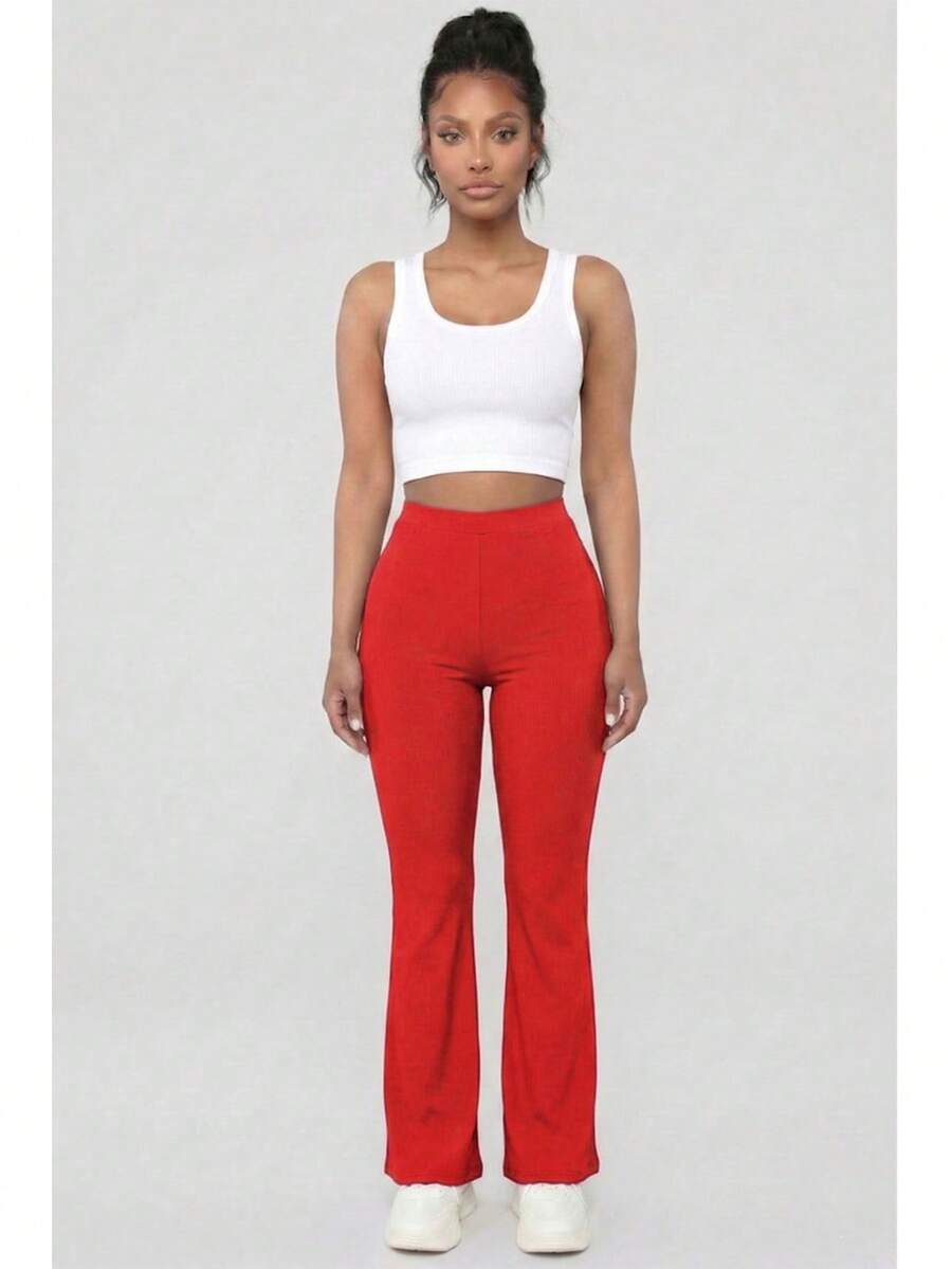 Women's Solid Color Rib Knit High Waisted Flare Pants For All Season Casual Basic Pants - Red - View 1