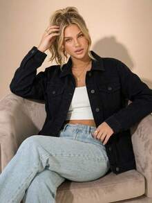 pthirillo Women's Black Denim Jacket, Maxi Oversized, 100% Cotton, Long Sleeve, Premium Style | Basic Or With Rhinestones, Party/Evening Look - 黑色 - 查看 6