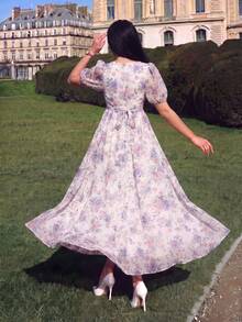 UNITHORSE Floral Print V-Neck Ruched Lantern Sleeve Graceful Ethereal Chiffon Dress - Multicolor - View 2