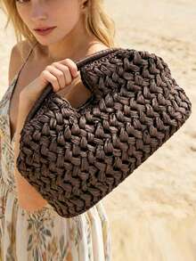 2026 New Natural Fiber Clutch, Handwoven Raffia Grass Summer Beach Bag, , Straw Bag - Coffee - View 6