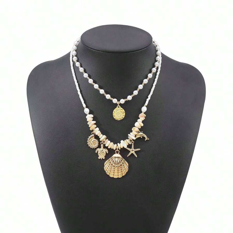 Mydear Bộ 2 vòng cổ hạt cườm nhiều lớp phong cách Bohemian với mặt dây chuyền hình sao biển, vỏ sò, ốc xà cừ, thích hợp cho phụ nữ đeo hàng ngày và đi nghỉ mát ở bãi biển. - Nhiều mặt dây chuyền - Xem 1