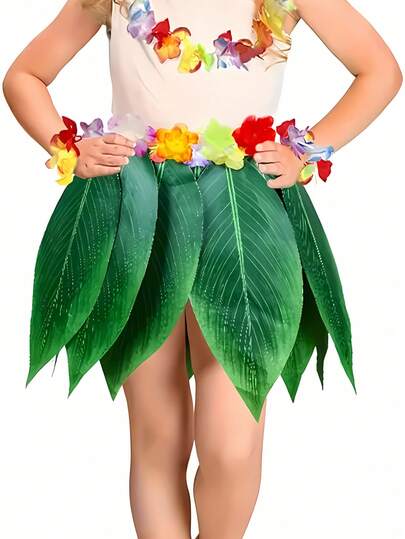 5件套夏威夷草裙舞服装，夏威夷夏季装饰，夏威夷海滩派对装饰，夏威夷篝火派对，草裙舞派对用品，包括1个热带风情头饰、1个颈环、2个腕带和1条绿色草裙，草裙舞派对礼物，热带风情节日派对用品，夏季派对礼品