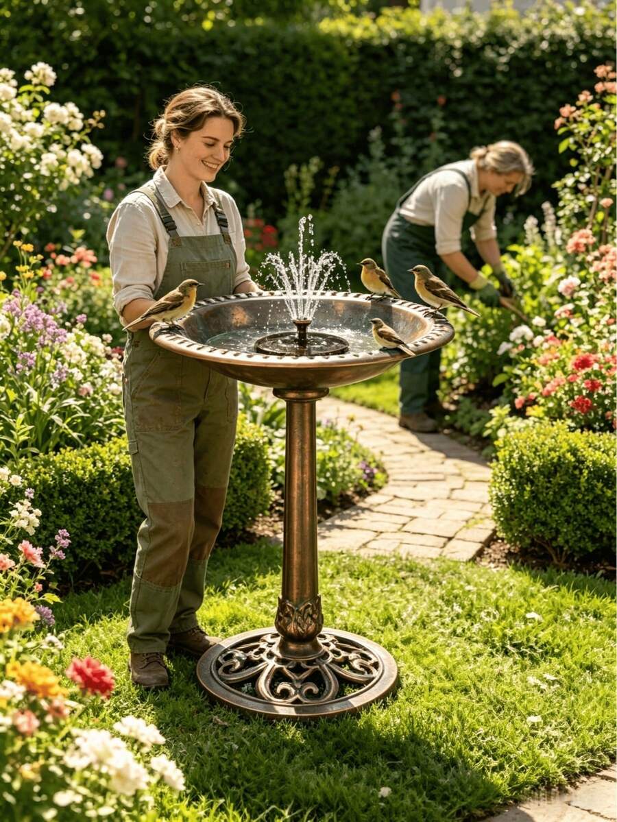Antique Polyresin Bird Bath & Outdoor Fountain, 28 Inch Solar Powered Water Fountain, 4 Spray Patterns, Lightweight Weather Resistant Garden Stuff & Gardening Supplies, Outdoor Garden Water Feature For Patio Yard Decor - 銅色 - 查看 1