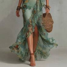 2026 Summer New Women's Fashion Elegant Temperament Long Dress Bohemian Style Printed V-Neck Long Sleeve Irregular High-Slit Dress Slim Fit Slimming Long Dress For Women - 綠色 - 查看 2